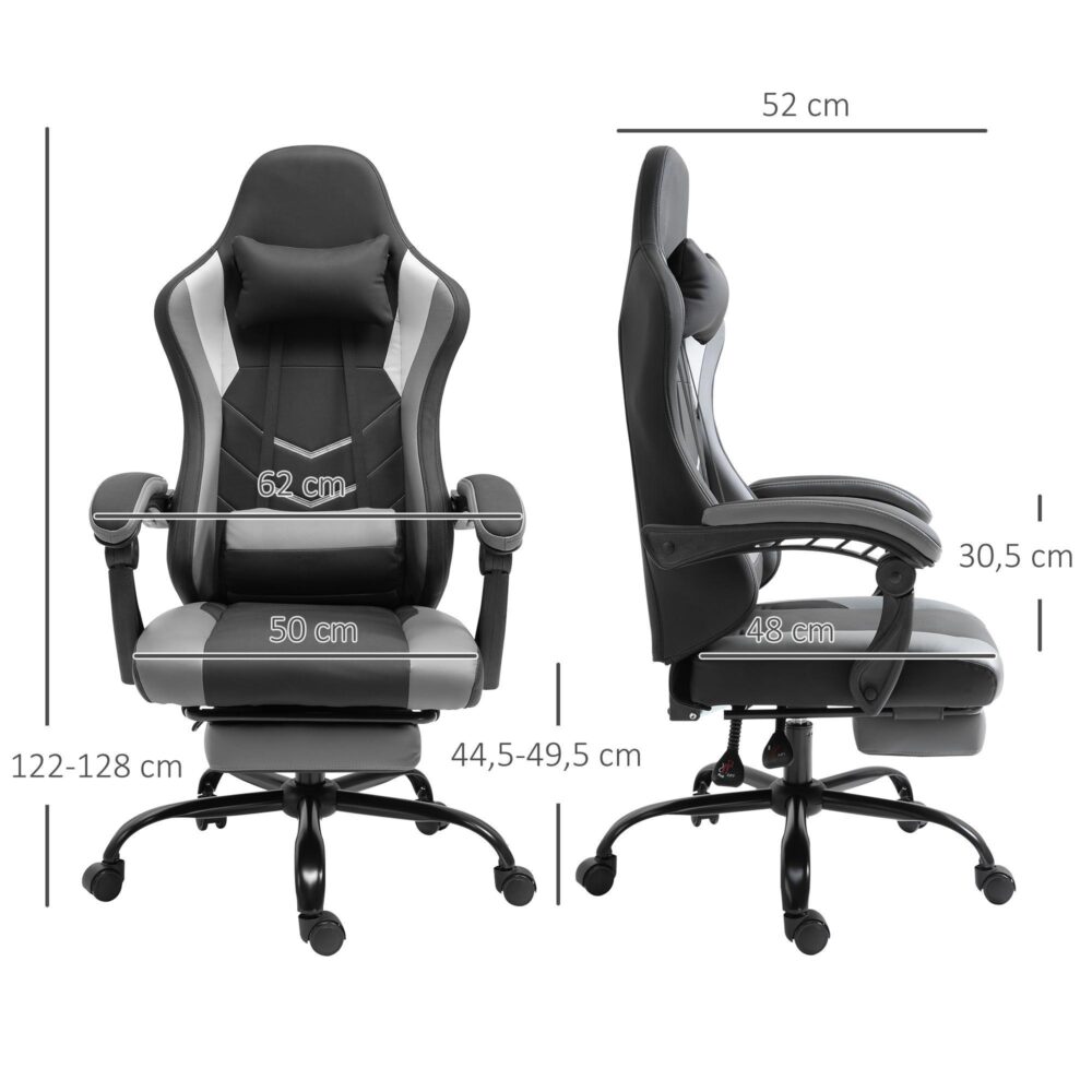 Ergonomisk höjdjusterbar spelstol med nackstöd och svankkudde – design i racingstil, vändbara fotstöd, upp till 120 kg kapacitet