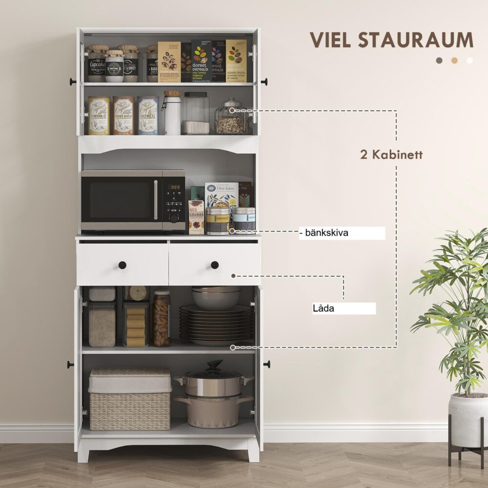 Vitt köksskåp med rymlig mikrovågshylla och justerbar förvaring | Modern design med glasdörr