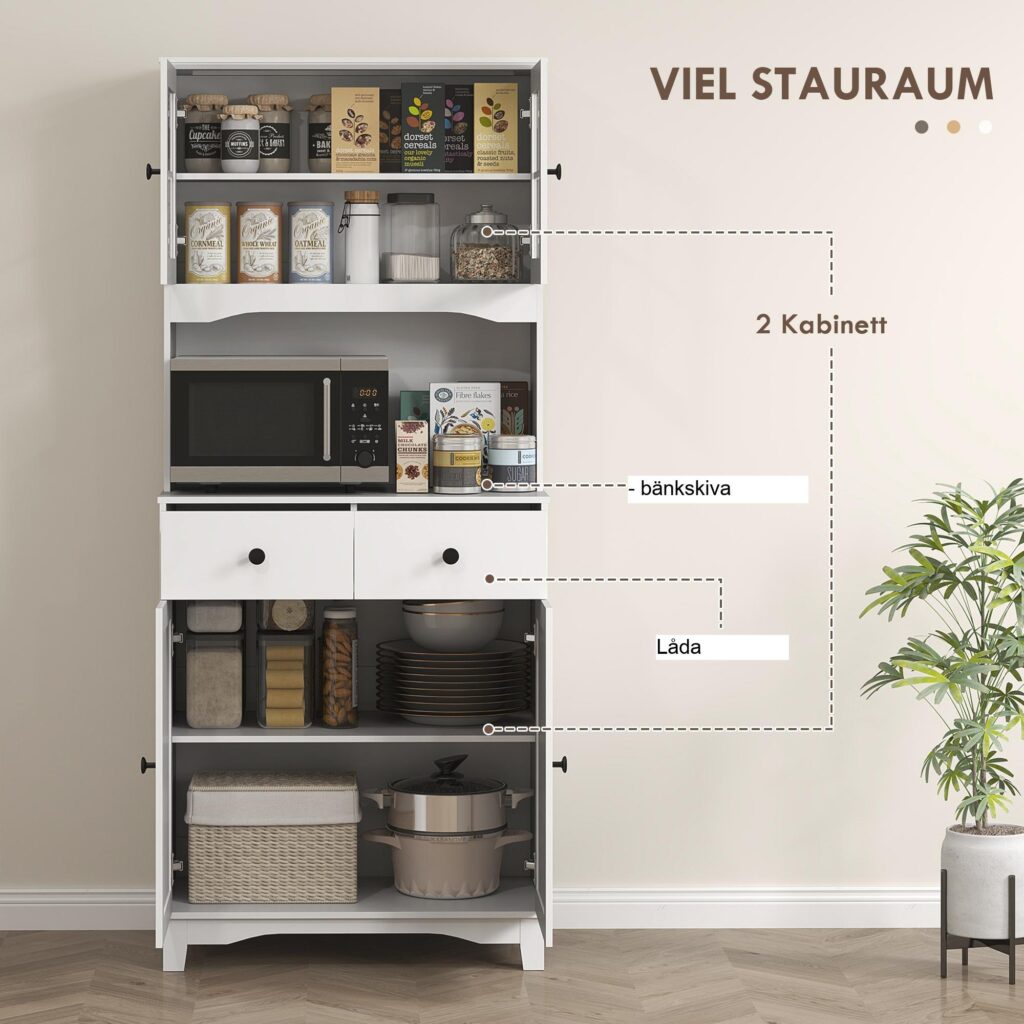 Vitt köksskåp med rymlig mikrovågshylla och justerbar förvaring | Modern design med glasdörr