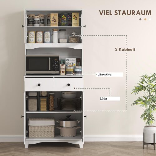 Vitt köksskåp med rymlig mikrovågshylla och justerbar förvaring | Modern design med glasdörr