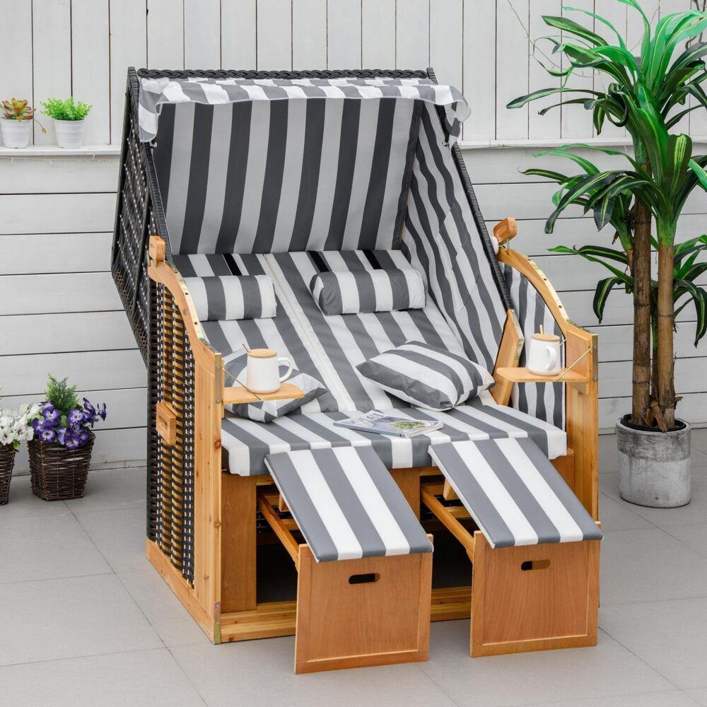 Dubbel-Lounger Beach Chair med 5-stegs justerbart ryggstöd, PE Rotting Dubbel solstol med fällbara bord och förvaringsfickor—UV- och vattentålig för trädgård eller terrass