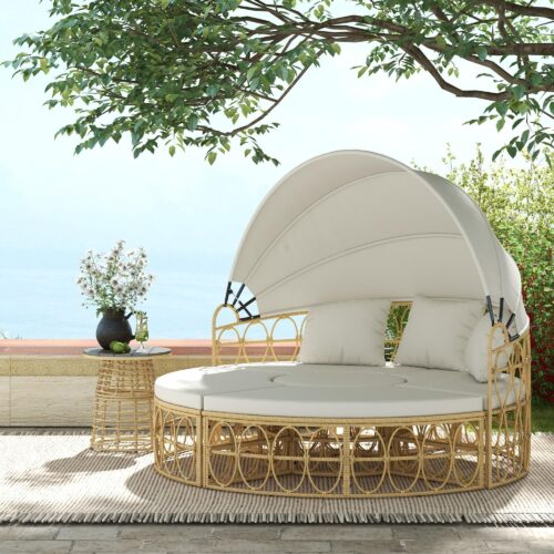 Justerbar hopfällbar skugga Cream Shell Garden Set | Bekväm tvåsitssoffa med soffbord och pallar