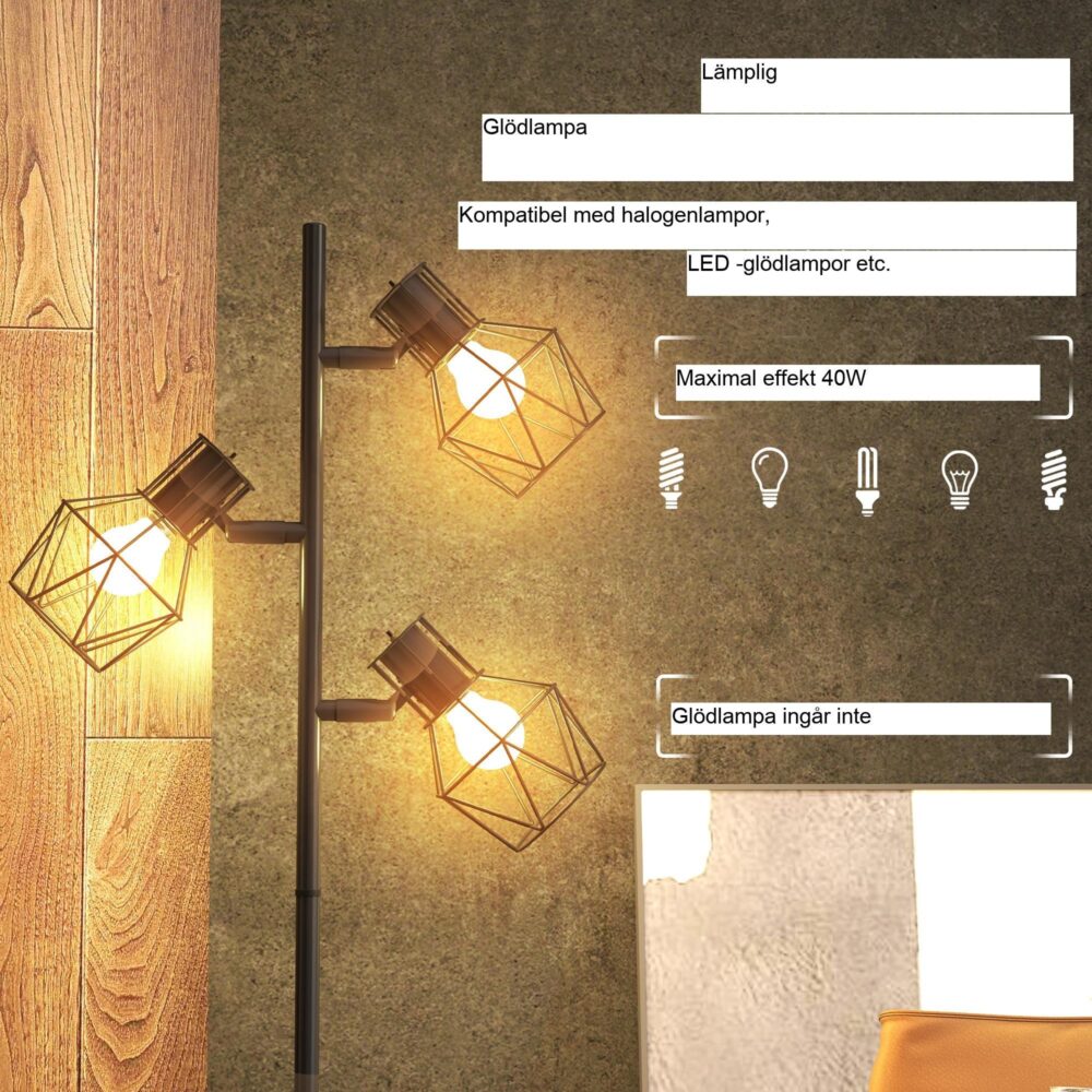 Modern golvlampa med 3 justerbara lampor – robust metallram för vardagsrummet