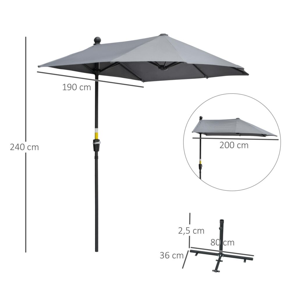 2x2m halvrunt parasoll med fäste, vattentät för trädgård och uteplats - mörkgrå, 100% polyester, robust stålram, stor skuggyta, vindbeständig design, enkel montering