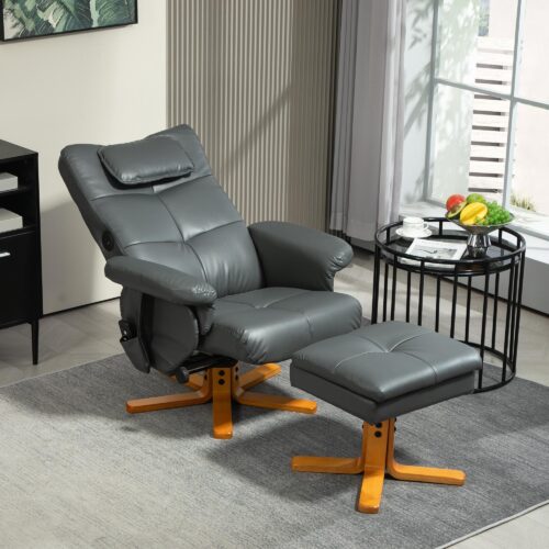 Vilstol med liggande massage med pall – 7-punkts massagesystem, justerbart ryggstöd från 100° till 135°, dold förvaringsfotpall med USB-laddningsportar, elegant design i konstläder, mörkgrå