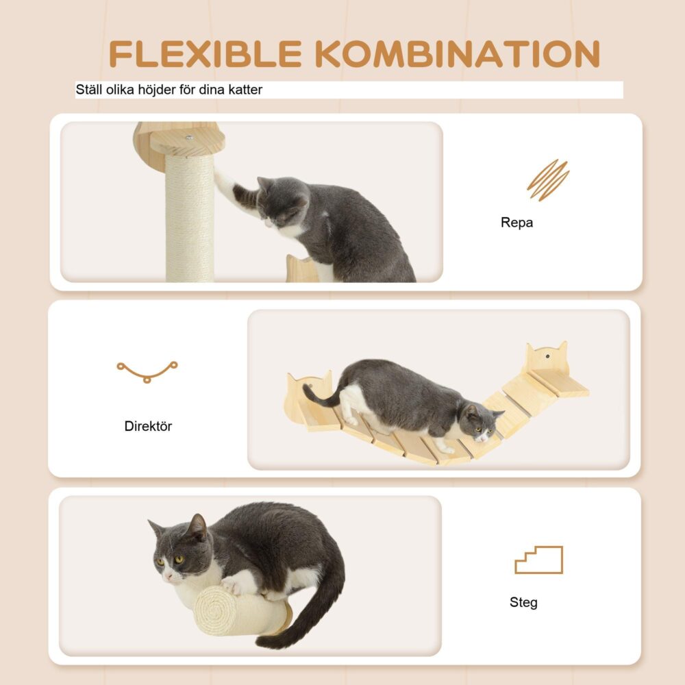 Katt klättervägg set – 3-delade kattmöbler med klösstolpe och stege | Platsbesparande design i furu av hög kvalitet