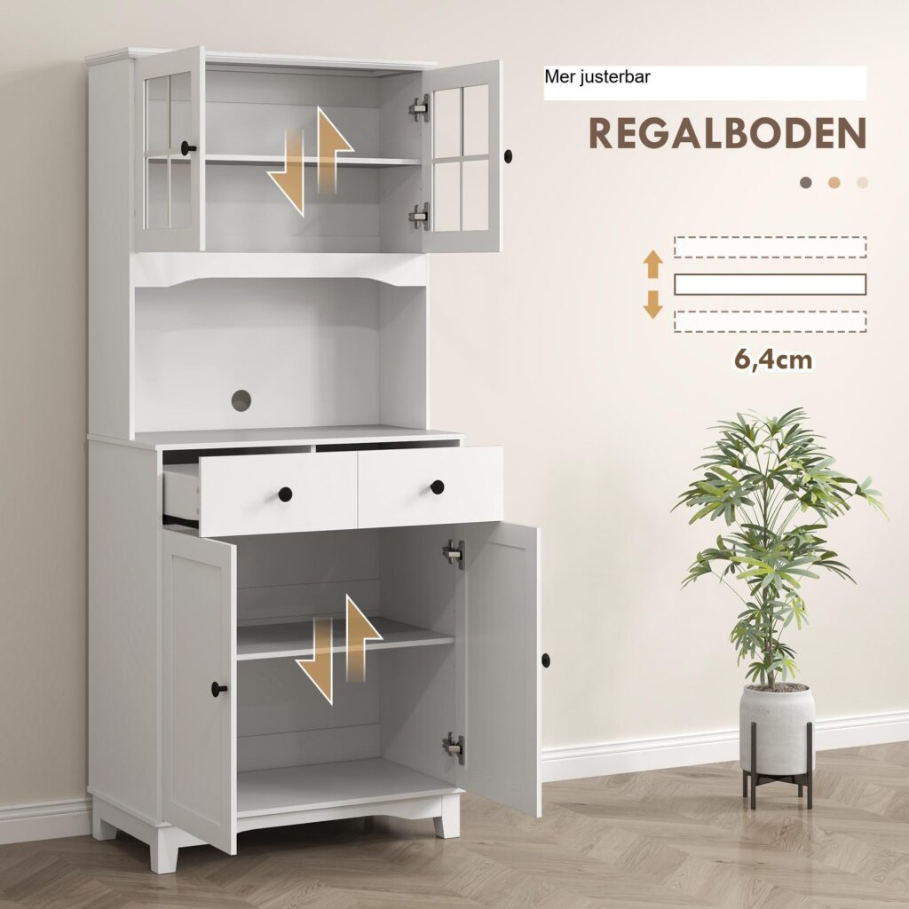 Vitt köksskåp med rymlig mikrovågshylla och justerbar förvaring | Modern design med glasdörr