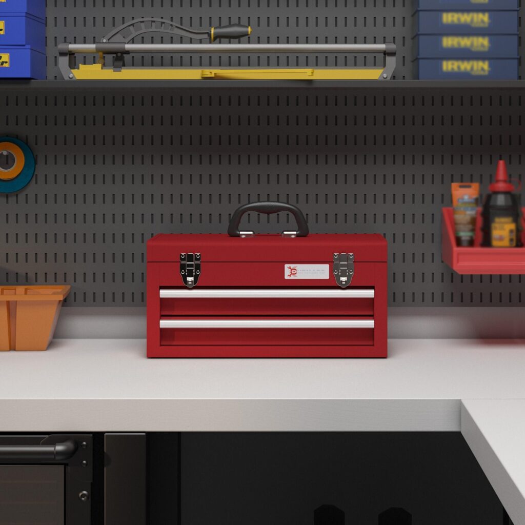 Verktygsväska tom 46x24x22cm, kraftig verktygslåda i stål med 2 lådor och övre fack för säker verktygsförvaring, enkelt bärhandtag, robust konstruktion.