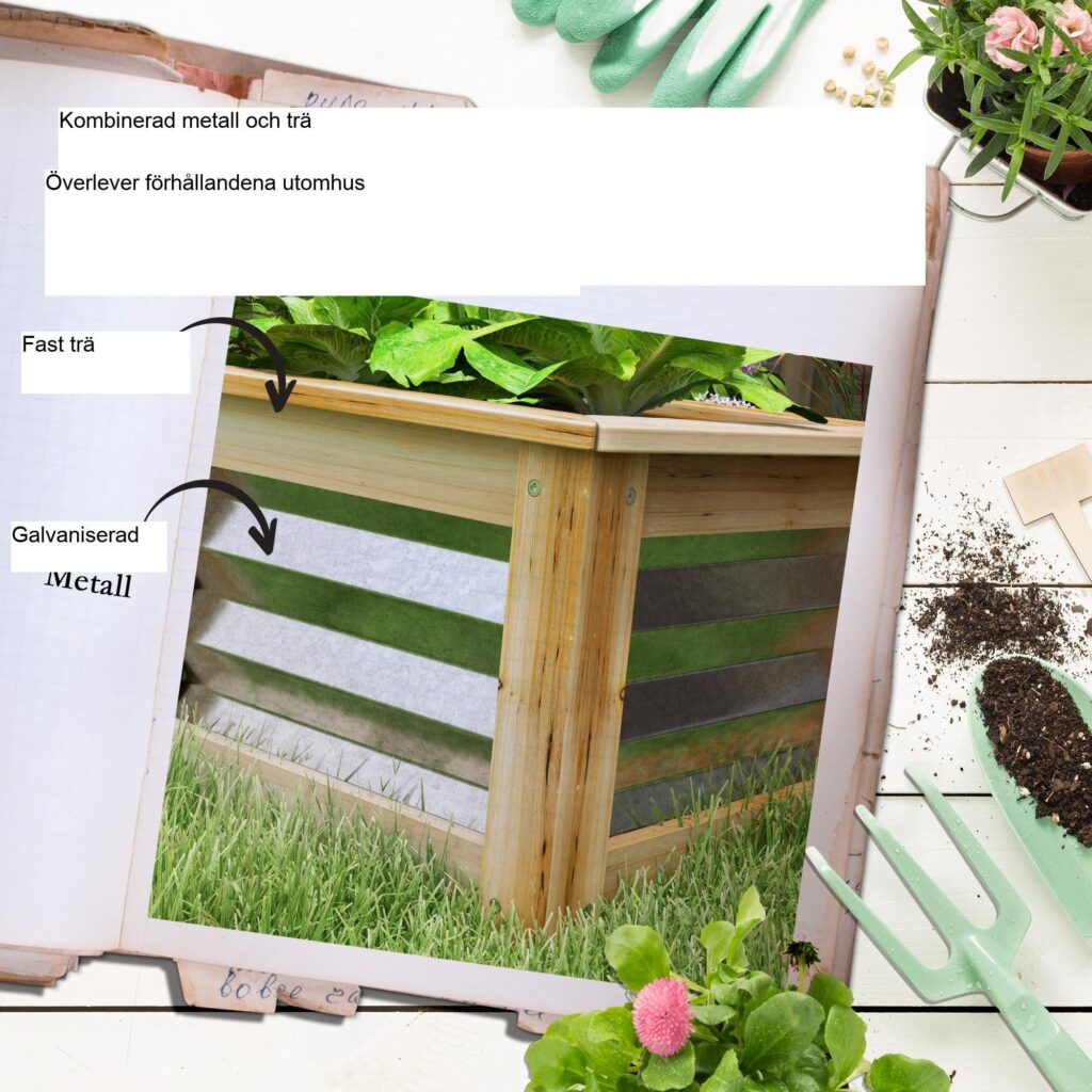 Upphöjd bädd Blomlåda i metall med träram för trädgård och balkong - Självdränerande design, rymligt planteringsutrymme, hållbar konstruktion
