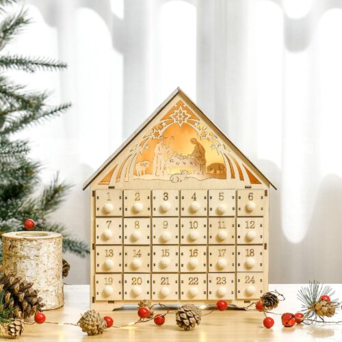 24 lådor adventskalender med LED-lampor – Juldekoration och nedräkningslåda i naturligt trä