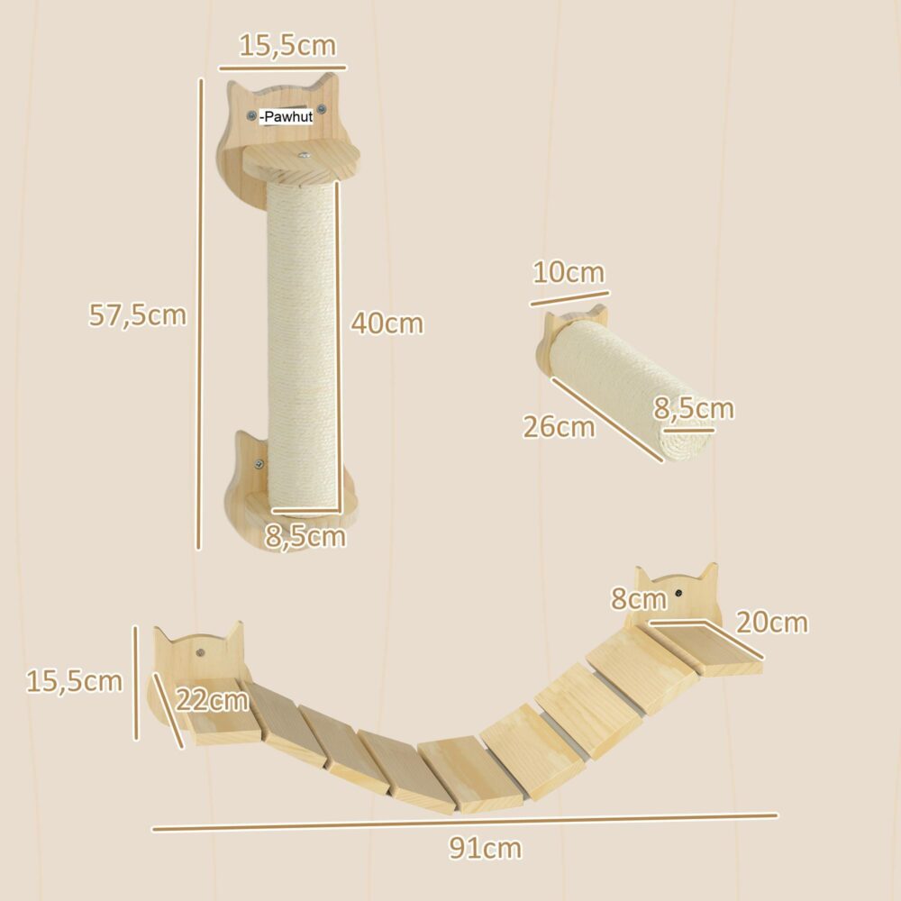 Katt klättervägg set – 3-delade kattmöbler med klösstolpe och stege | Platsbesparande design i furu av hög kvalitet