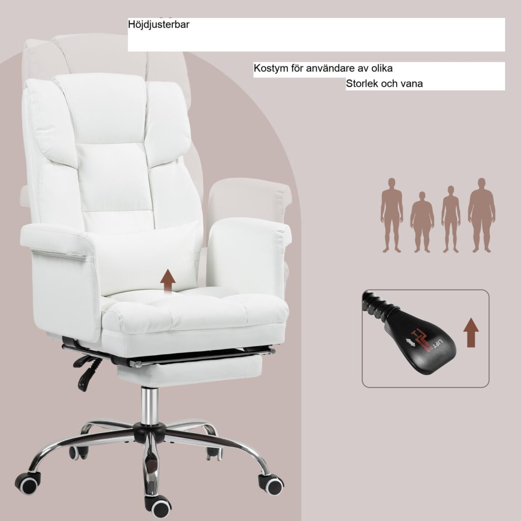 Ergonomisk kontorsstol med lutningsfunktion och svankstöd, justerbar höjd 48-56 cm, svängbara hjul, konstläder vit