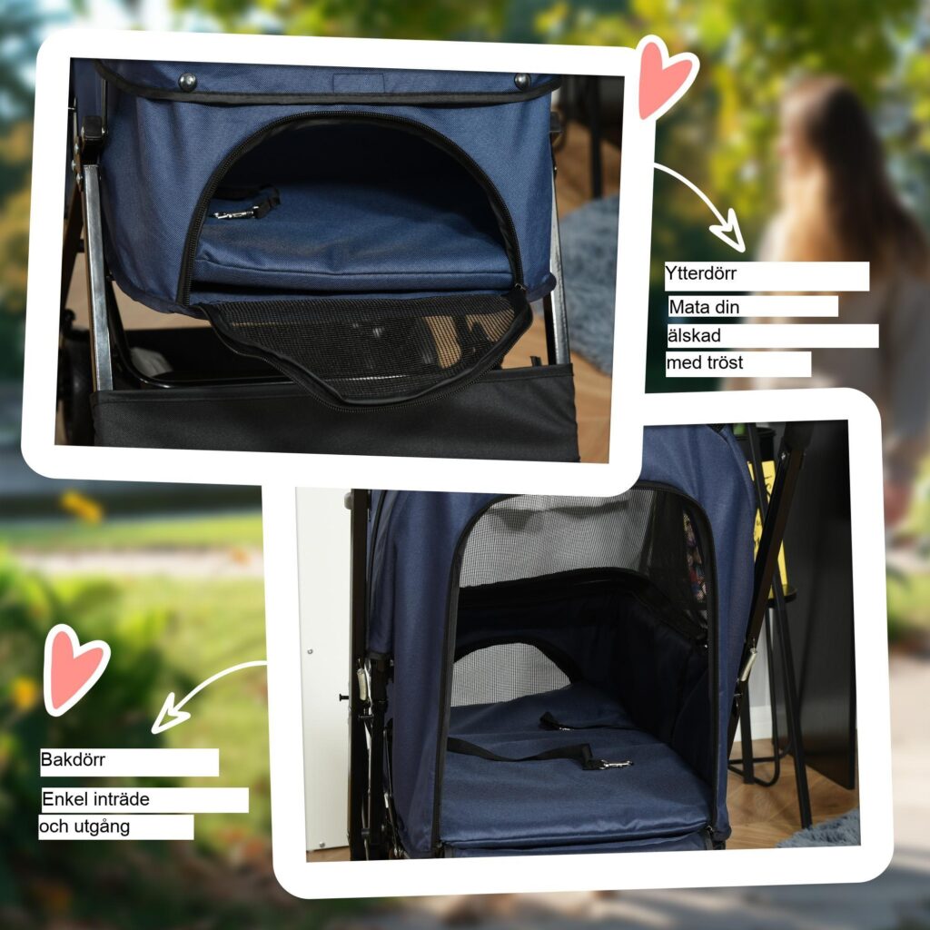 Barnvagn för husdjur Katt Buggy Oxford Blå | Rymlig korg med justerbar sufflett och fyra hjul med bromsar - vikbar lättviktsdesign för små husdjur