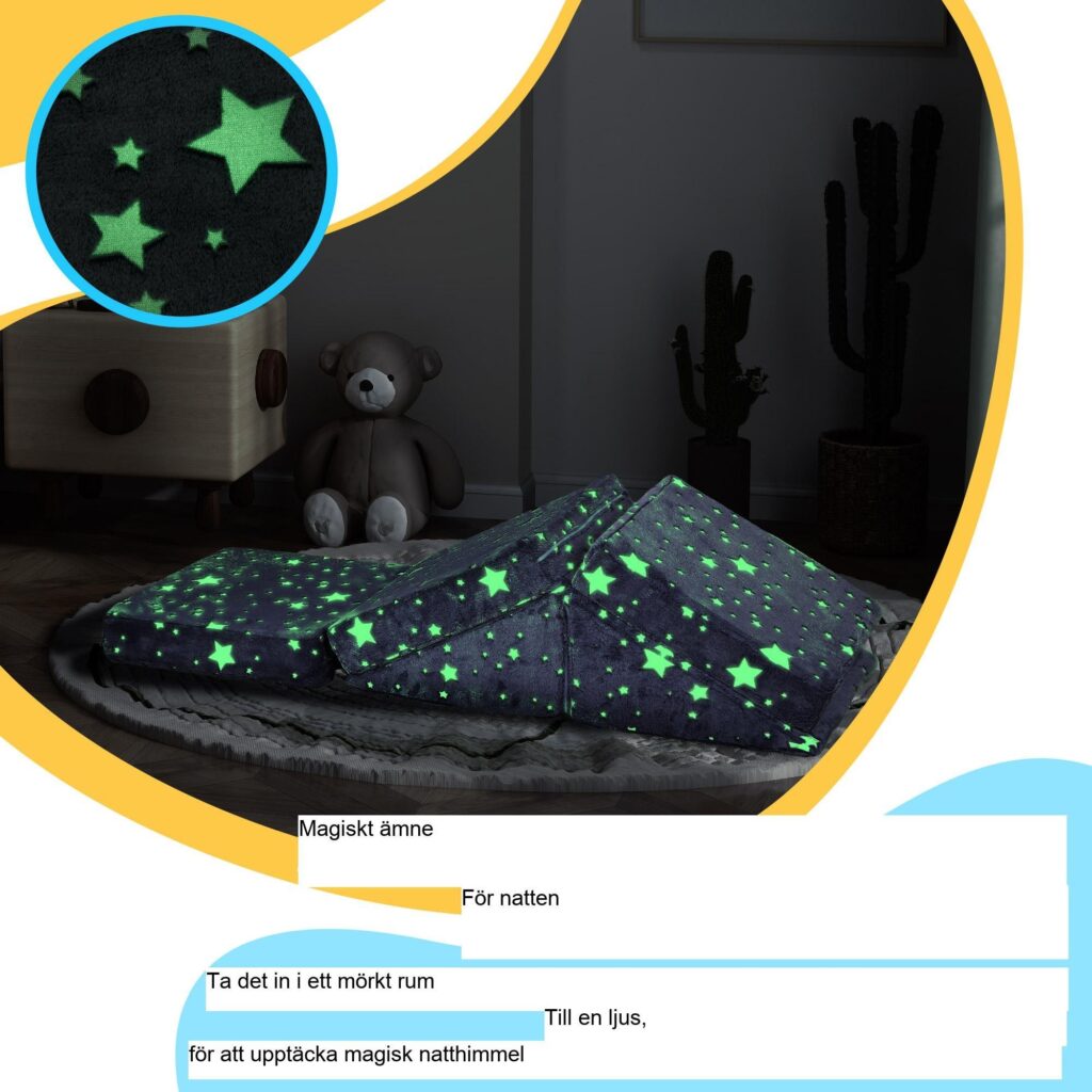 Leksoffgrupp för barn | Kan omvandlas till trappor och madrass | Glow in the Dark Pony och Star Design | Robust skum med lock som är lätta att rengöra