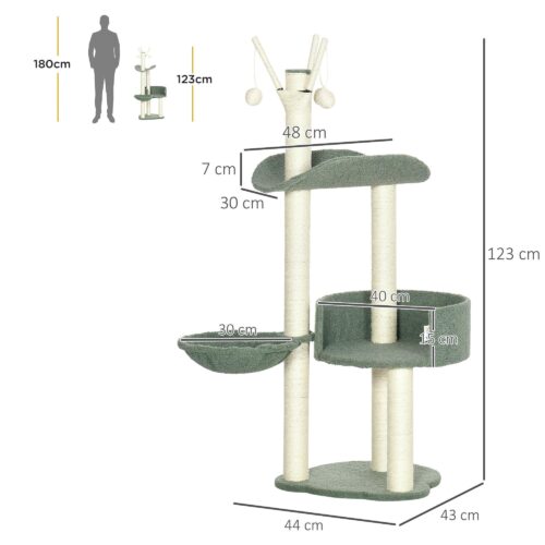 123 cm klösträd med klösbrädor i sisal och lekboll – robust spånskivedesign för katter under 5 kg