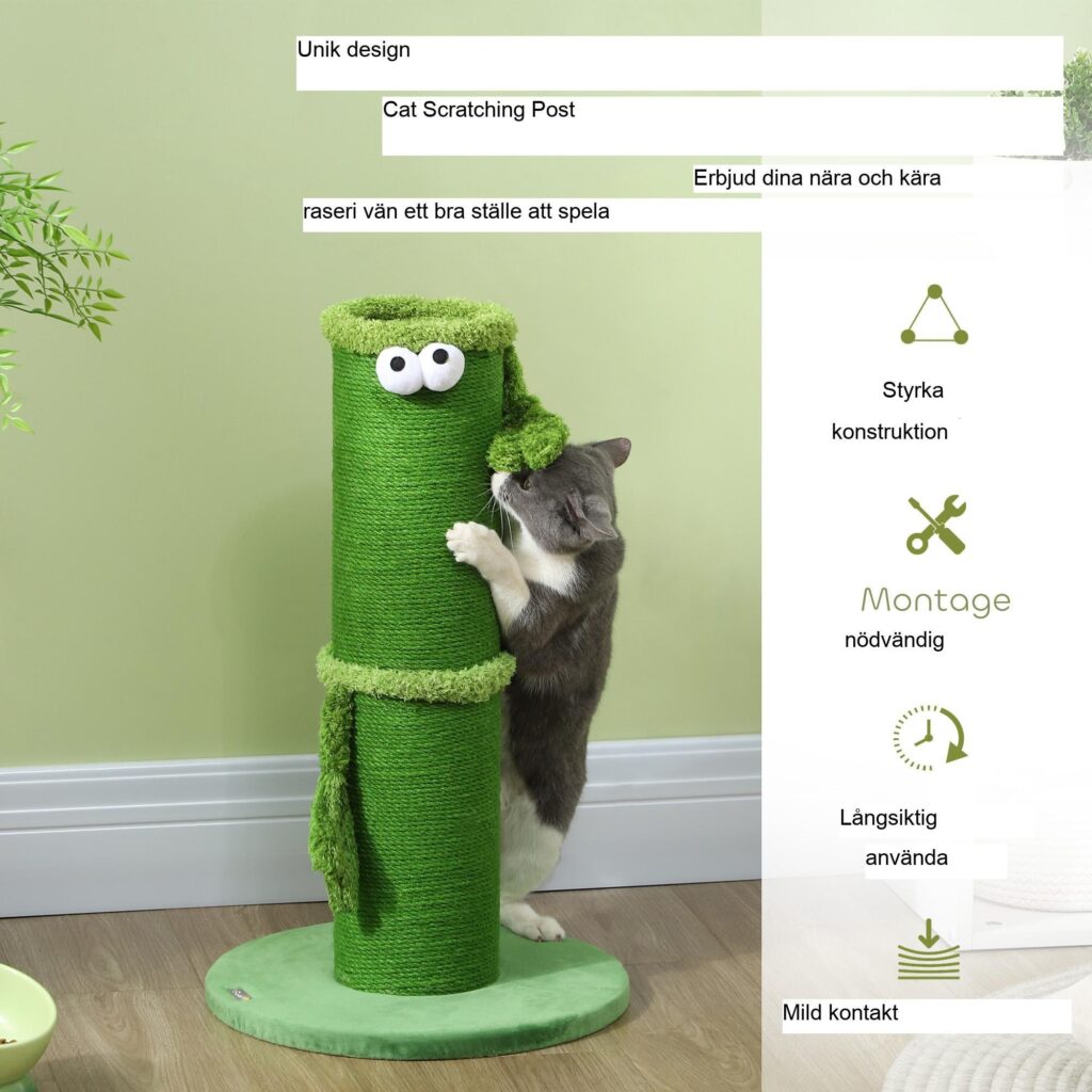 Klösträd för katt med unik design och hållbart sisalskydd - 63 cm klösträd inomhus med prasslande ljud, robust konstruktion, mjukt plyschöverdrag, grön polyester