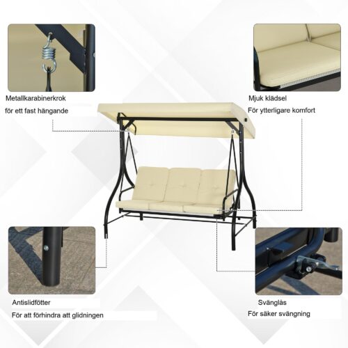 Outsuuny Hollywood Swing med lutningsfunktion – 3-sits trädgårdsgunga med justerbar sufflett, slitstark stålram, upp till 240kg lastkapacitet, 195x117x175cm beige