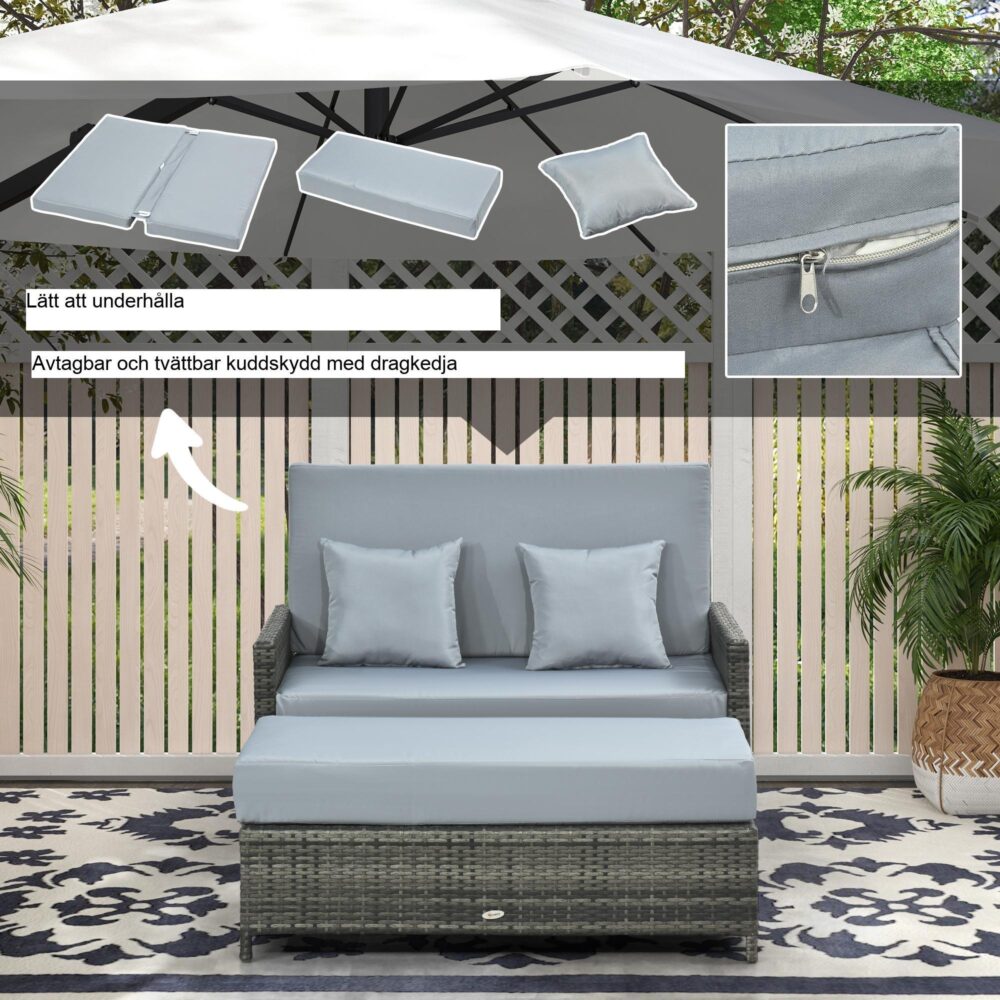 2-sits trädgårdssoffa med pall | Multifunktionell loungesoffa och förvaring ottoman – hög komfort, väderbeständig design