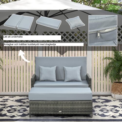 2-sits trädgårdssoffa med pall | Multifunktionell loungesoffa och förvaring ottoman – hög komfort, väderbeständig design