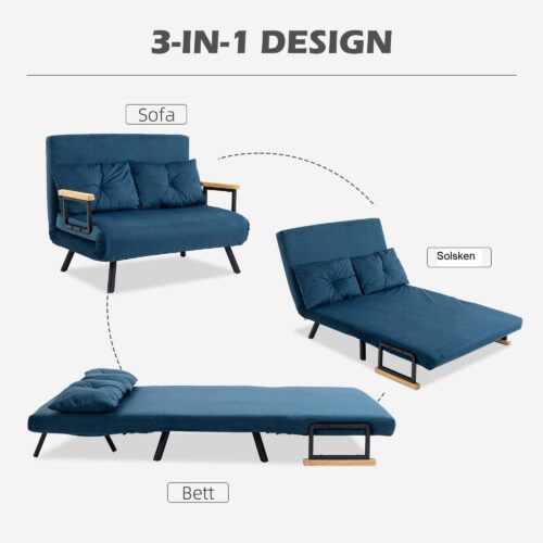 Bäddsoffa Fåtölj med Sängfunktion | Justerbar ryggstöd vilstol, sammetsklädsel, platsbesparande design för små utrymmen, stålramskonstruktion, blå 102x73x81cm