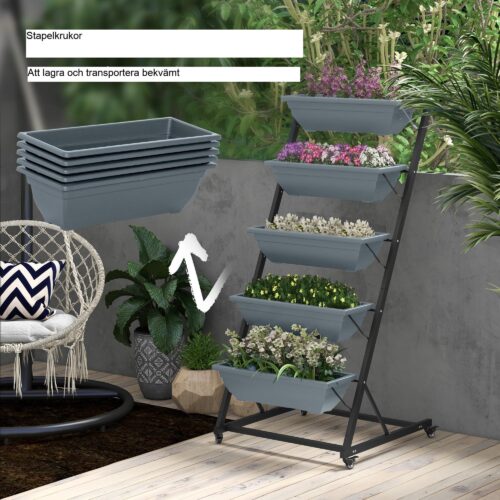 5-vånings stålväxtstativ med hjul – platsbesparande design för inomhus och utomhus