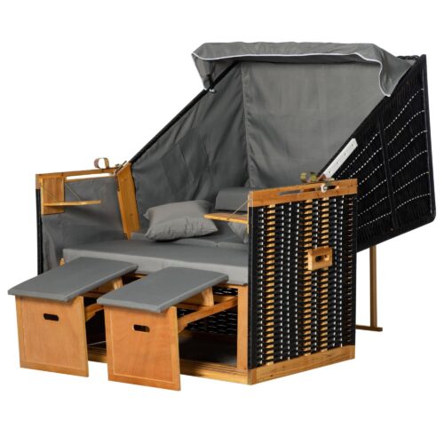 Ljusgrå PE-Rattan-strandstol med justerbart ryggstöd i flera steg, utdragbara fotstöd, fällbara bord och inre förvaringsfickor för maximal komfort och bekvämlighet i trädgård eller terrassanvändning
