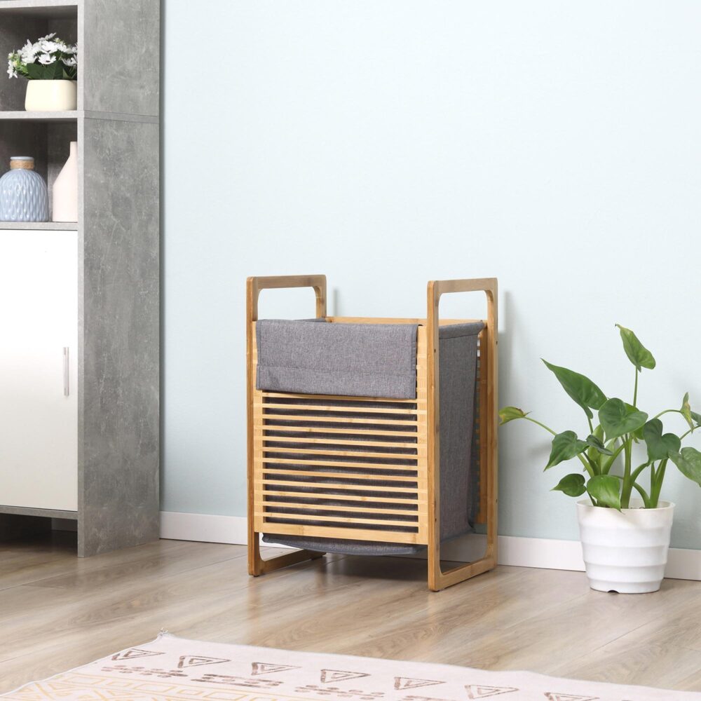 Tvättkorg med lock – Stor kapacitet, lätt och vattentät design | Bambu och polyester | 40x35x60.5cm