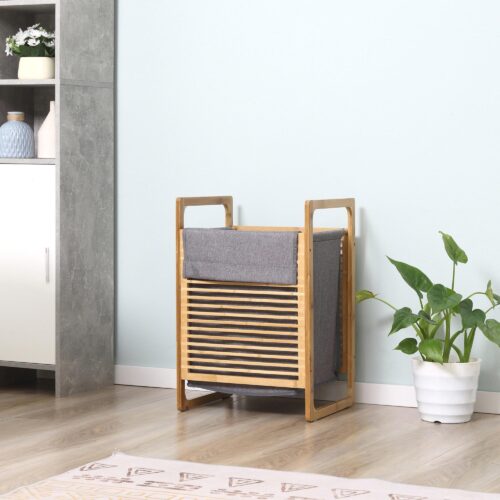 Tvättkorg med lock – Stor kapacitet, lätt och vattentät design | Bambu och polyester | 40x35x60.5cm