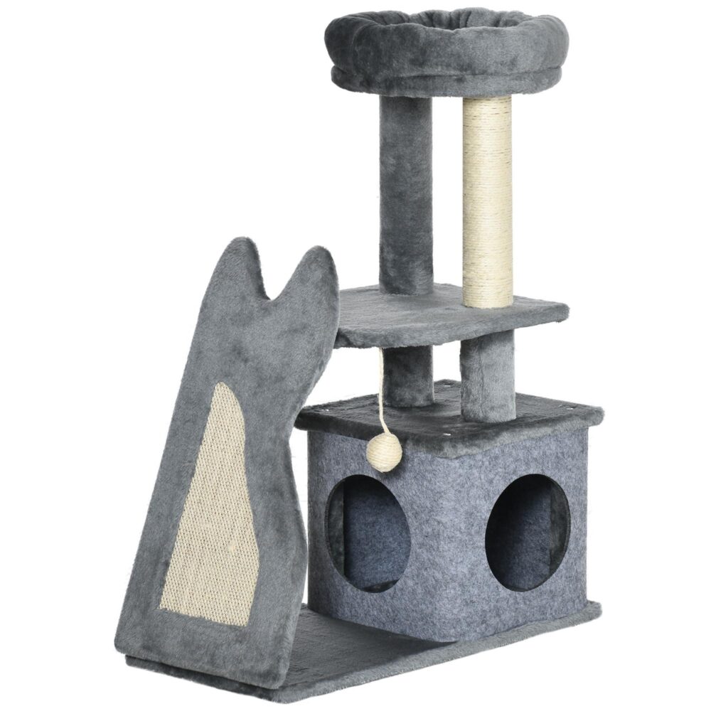 Liten klösstolpe för katt med lekstuga och sisalstockar – Multifunktionellt klösträd för katter under 4 kg, kompakt design med plyschlock, stabil bas och repvänliga funktioner