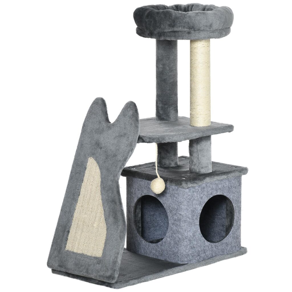 Liten klösstolpe för katt med lekstuga och sisalstockar - Multifunktionellt klösträd för katter under 4 kg, kompakt design med plyschlock, stabil bas och repvänliga funktioner
