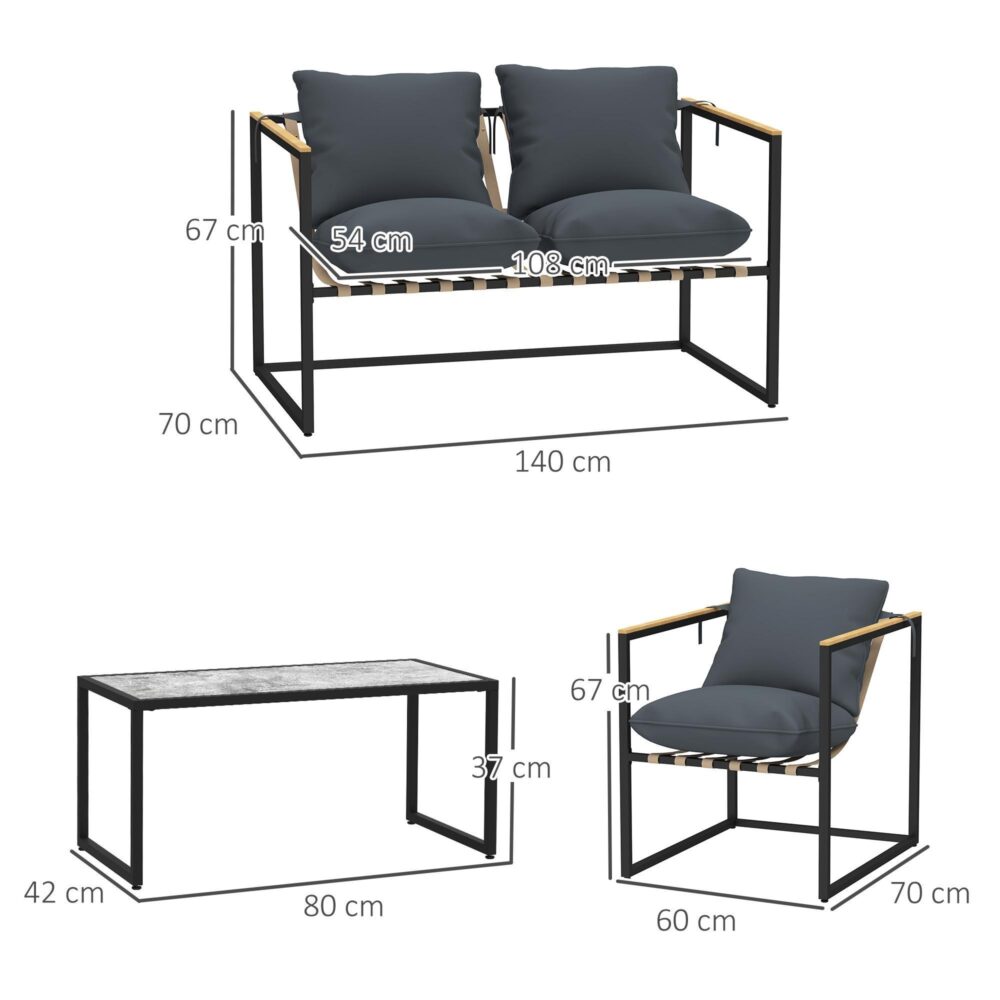 Trädgårdsmöbler i stål set 4-delad väderbeständig balkonggrupp med bekväm 2-sits soffa, fåtöljer, sittdynor, sidobord – slitstark stålram, snygg design för utomhusbruk