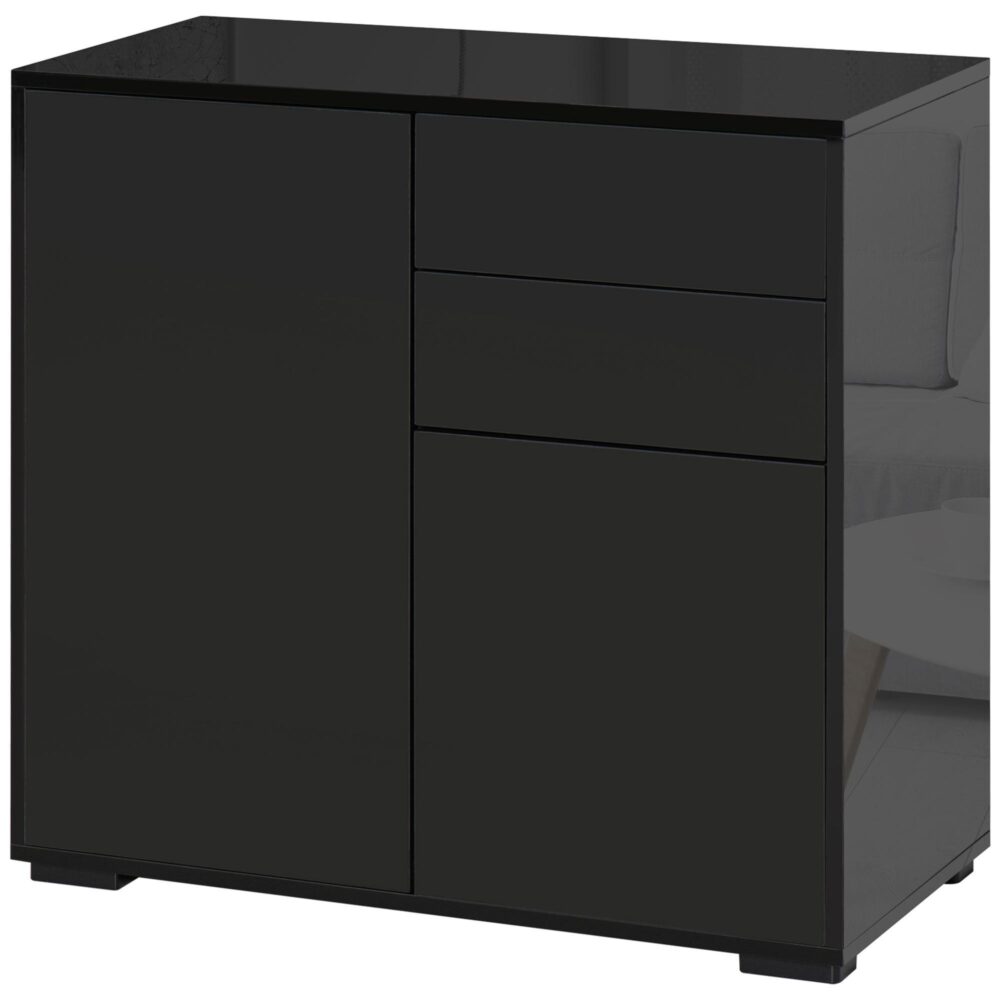 Svart sideboard med 2 lådor och 2 dörrar – Mångsidigt förvaringsskåp med justerbara hyllor och tippskydd