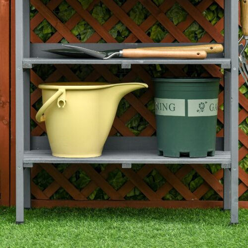 Trädgårdsmästarbord med bänkskiva och förvaring i metall | Planteringsbord för trädgård, terrass eller balkong – slitstarkt granträ, 3 krokar för verktyg, rymliga hyllor, ergonomisk design