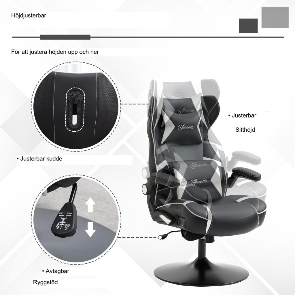 Rocker Gaming Chair - Ergonomisk, höj- och sänkbar kontorsstol med inbyggda Bluetooth-högtalare, fällbara armstöd, svank- och nackstöd