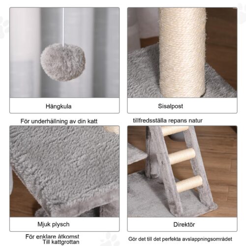 Stabil klösstolpe med kattgrotta och stege – Kattaktivitetscenter på flera nivåer för små katter tillverkat av sisal, mjukt plyschtyg och solid MDF-skiva av E1-kvalitet