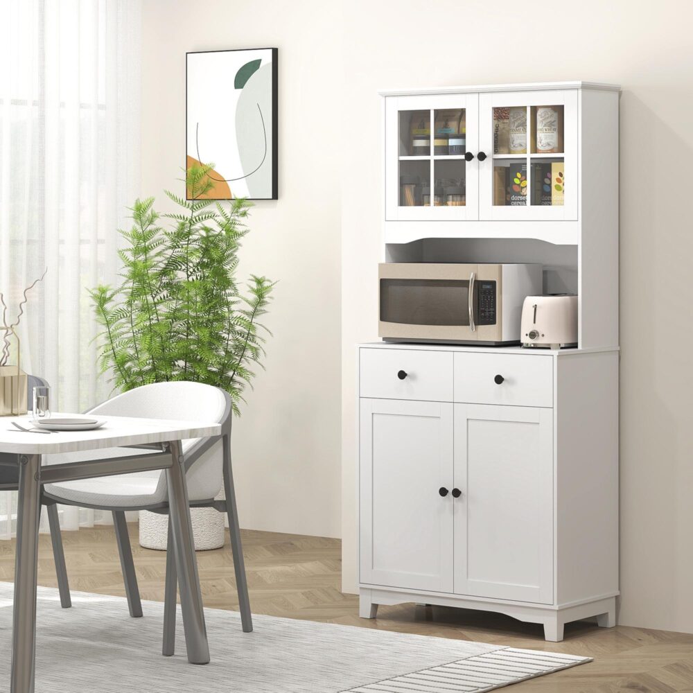 Vitt köksskåp med rymlig mikrovågshylla och justerbar förvaring | Modern design med glasdörr