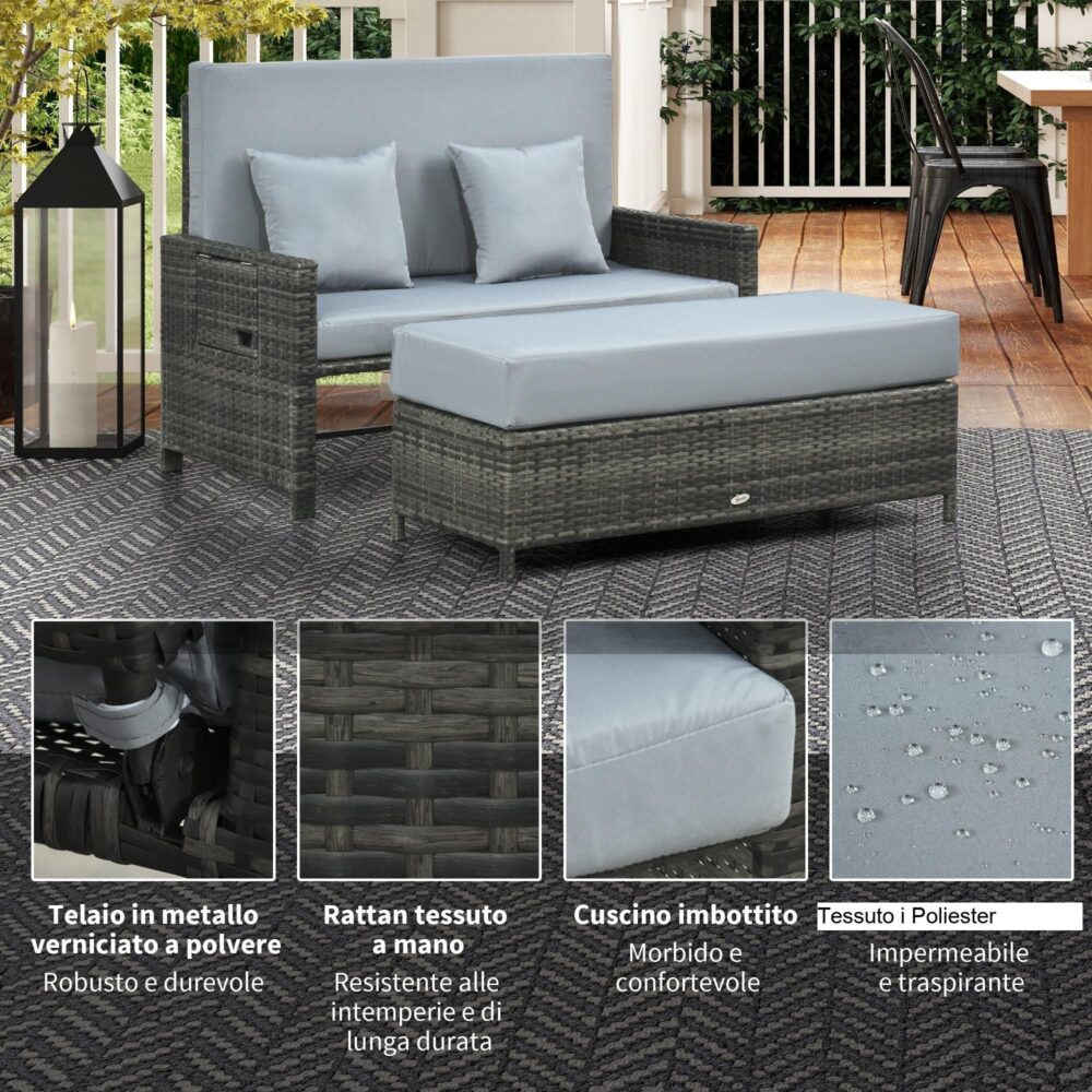 2-sits trädgårdssoffa med pall | Multifunktionell loungesoffa och förvaring ottoman – hög komfort, väderbeständig design
