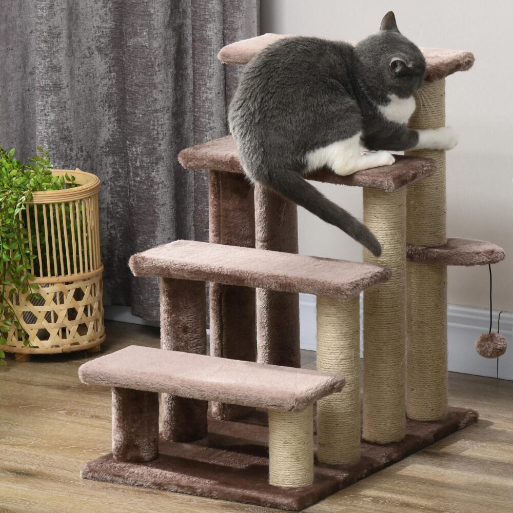 4-stegs katt- och hundtrappa med klösstolpe och leksaksboll, höjer åtkomsten säkert för små husdjur upp till 5 kg – lätt och bärbar design
