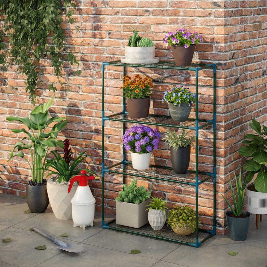 Växthylla Set med 2 | 4 nivåer blomkrukhållare för balkong / trädgård, robust stålkonstruktion med platsbesparande design, kraftig och lätt att montera