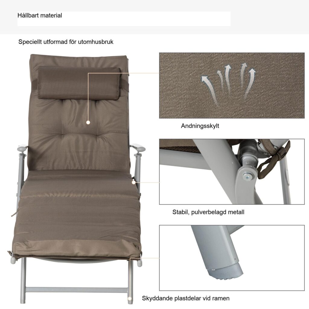 Justerbart ryggstöd hopfällbart trädgårds- och strandsolstol med dyna - väderbeständig och platsbesparande design