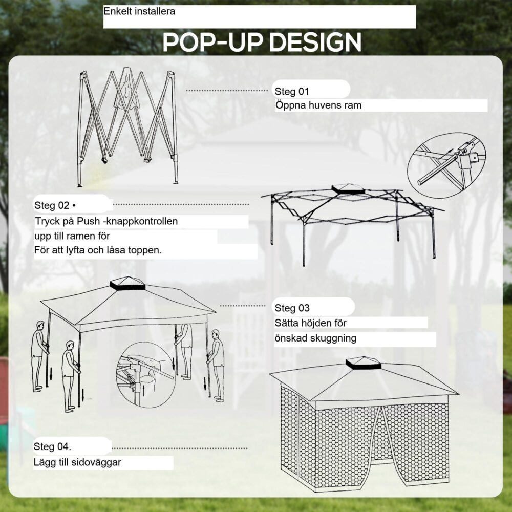 Hopfällbart lusthus trädgårdstält med sidoväggar – Insektsskydd, stabil och rostsäker design | 3,25 m x 3,25 m popup-skydd