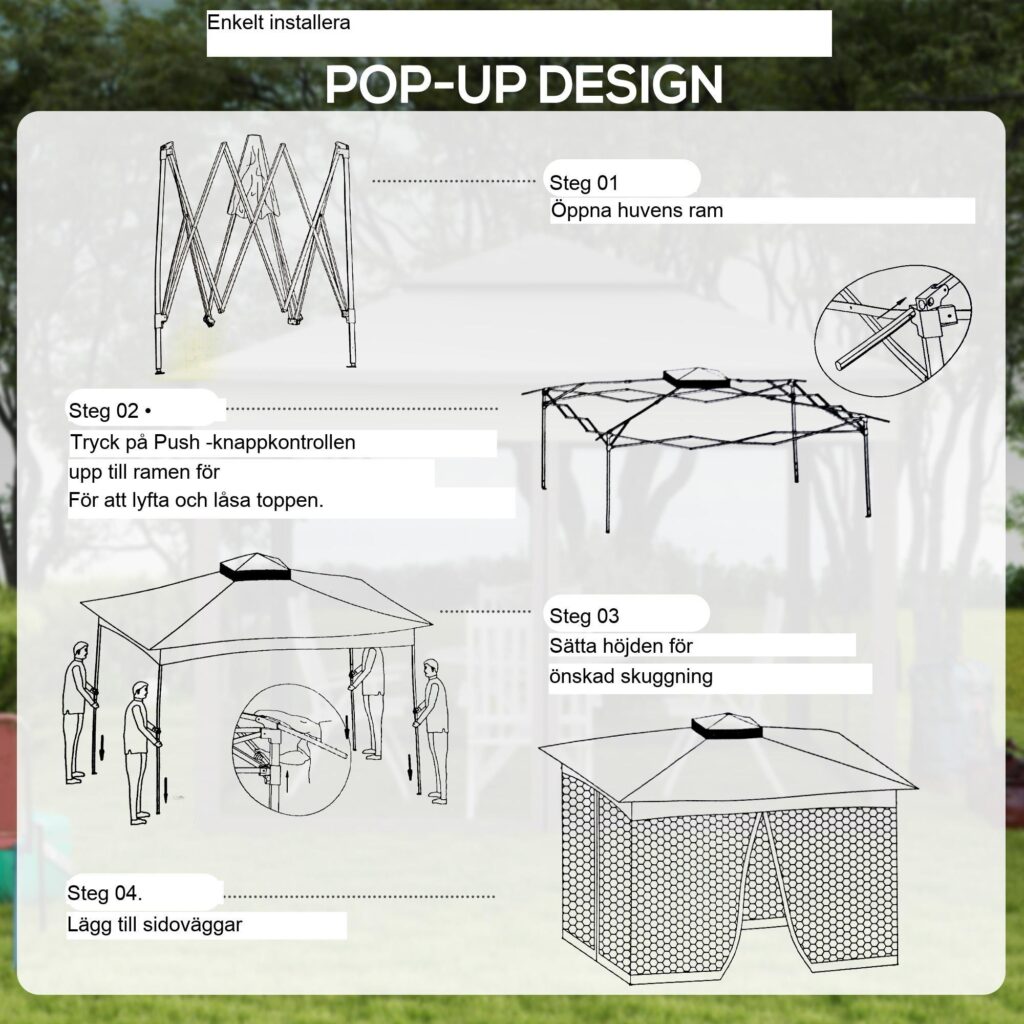 Hopfällbart lusthus trädgårdstält med sidoväggar - Insektsskydd, stabil och rostsäker design | 3,25 m x 3,25 m popup-skydd