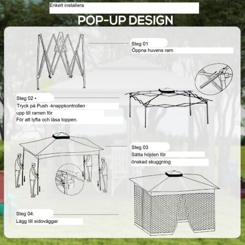 Hopfällbart lusthus trädgårdstält med sidoväggar – Insektsskydd, stabil och rostsäker design | 3,25 m x 3,25 m popup-skydd