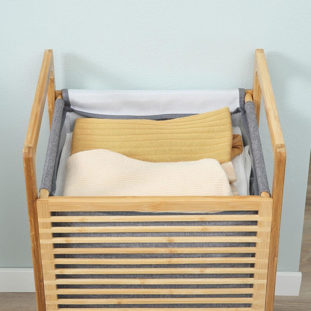 Tvättkorg med lock – Stor kapacitet, lätt och vattentät design | Bambu och polyester | 40x35x60.5cm