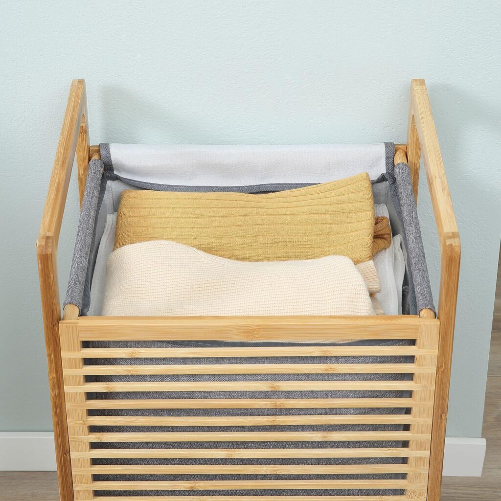 Tvättkorg med lock - Stor kapacitet, lätt och vattentät design | Bambu och polyester | 40x35x60.5cm