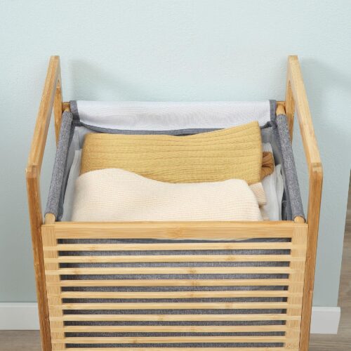 Tvättkorg med lock – Stor kapacitet, lätt och vattentät design | Bambu och polyester | 40x35x60.5cm