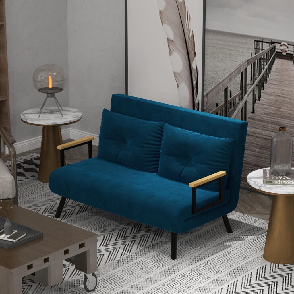 Bäddsoffa Fåtölj med Sängfunktion | Justerbar ryggstöd vilstol, sammetsklädsel, platsbesparande design för små utrymmen, stålramskonstruktion, blå 102x73x81cm