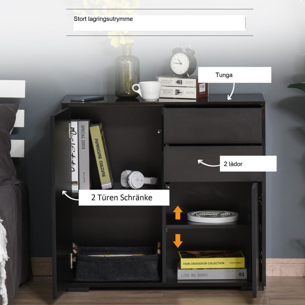 Svart sideboard med 2 lådor och 2 dörrar – Mångsidigt förvaringsskåp med justerbara hyllor och tippskydd
