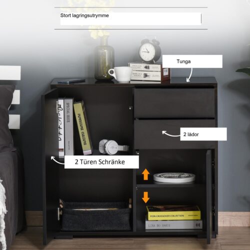 Svart sideboard med 2 lådor och 2 dörrar – Mångsidigt förvaringsskåp med justerbara hyllor och tippskydd