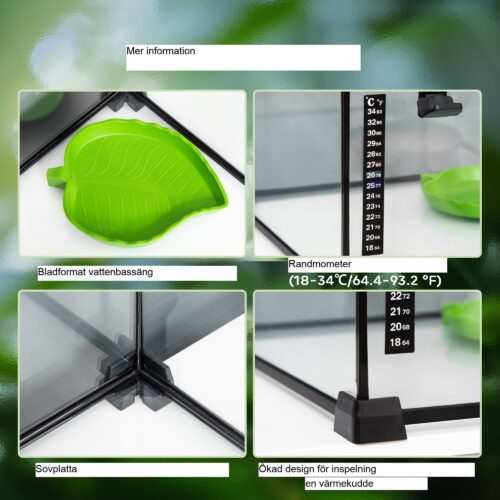 Terrarium för reptiler 50x30x35cm – Rymningssäkert glasterrarium med 360° sikt, vattentät design och upphöjd golvram för enkel uppvärmning